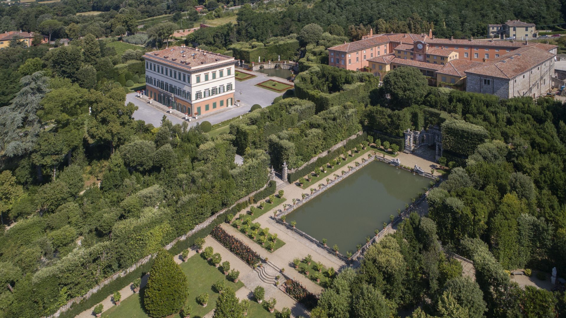 Aerial view of the Royal Villa of Marlia