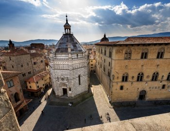 The Battistero di San Giovanni (Baptistery of St. John) in the court from the bell tower of the Cathedral of San Zeno