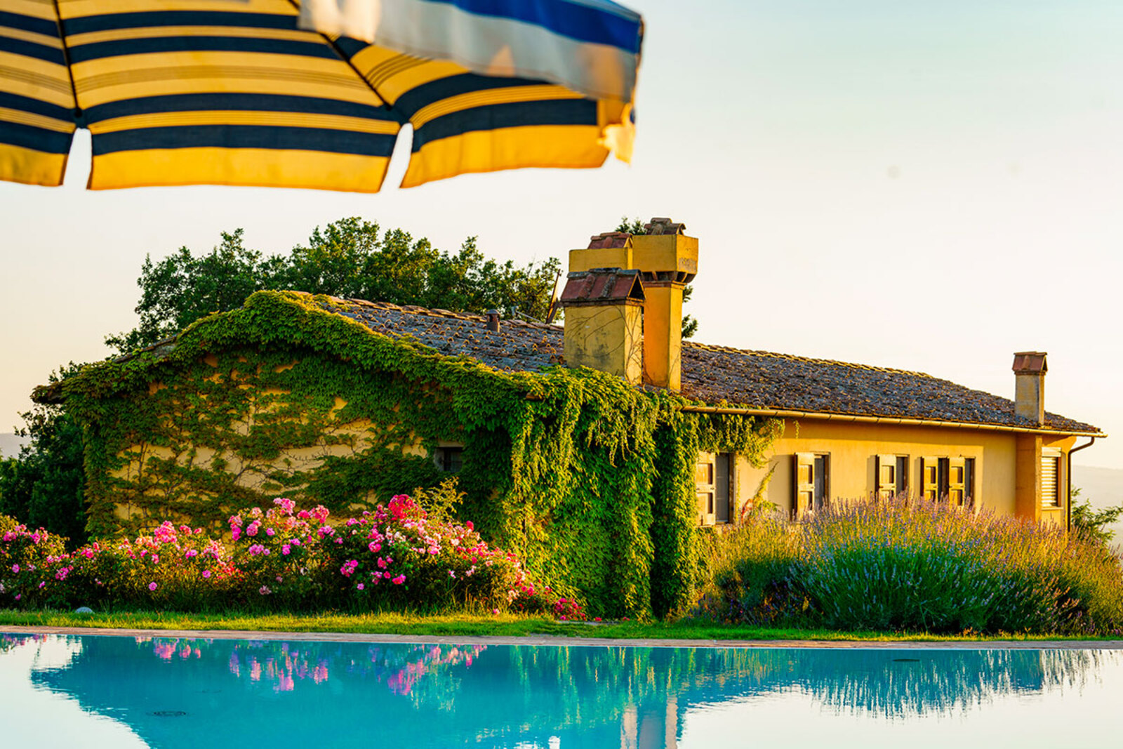 Una piscina si affaccia su un giardino fiorito con un casale in pietra sullo sfondo, illuminato dalla calda luce del sole in Toscana.