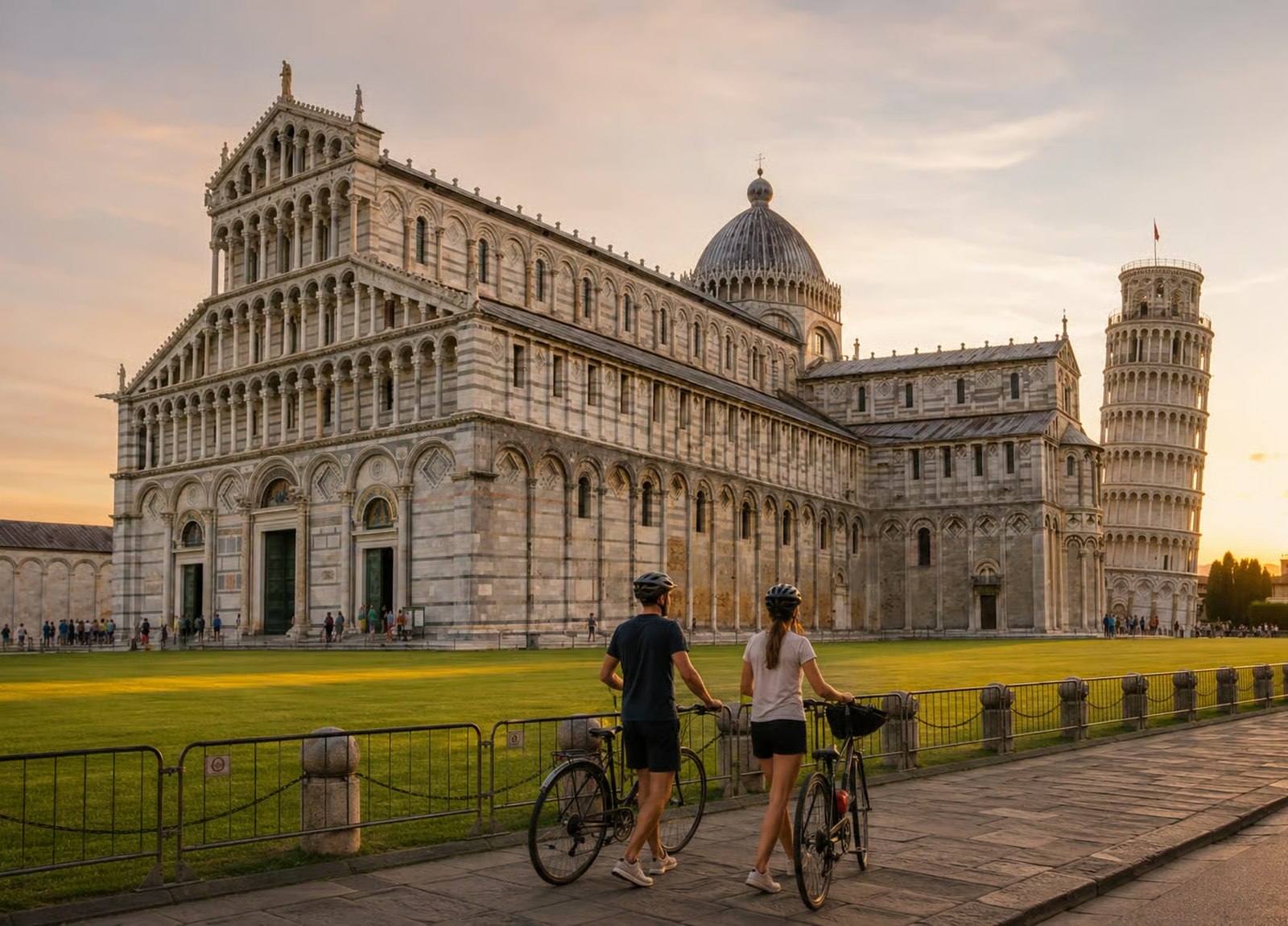 Coppia con biciclette a mano davanti al Duomo di Pisa e alla Torre Pendente al tramonto