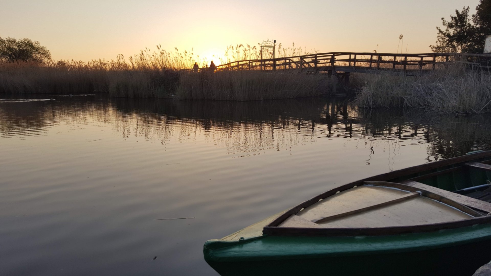 tipica barca in legno nel lago di massaciuccoli durante il tramonto