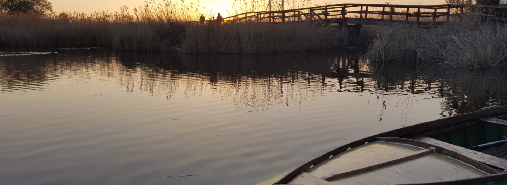 tipica barca in legno nel lago di massaciuccoli durante il tramonto
