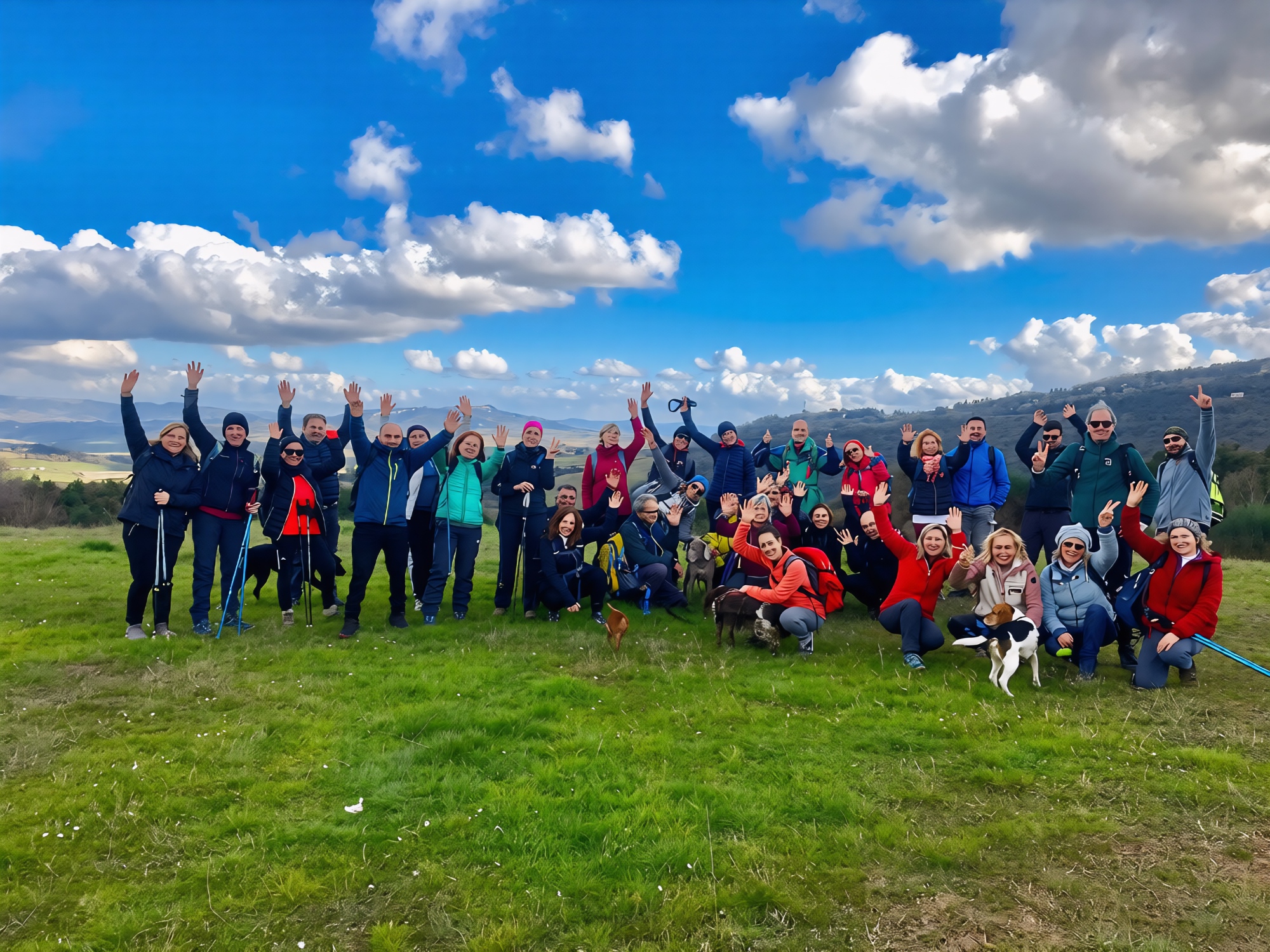 The hiking group on the scenic ridge of the Valdera
