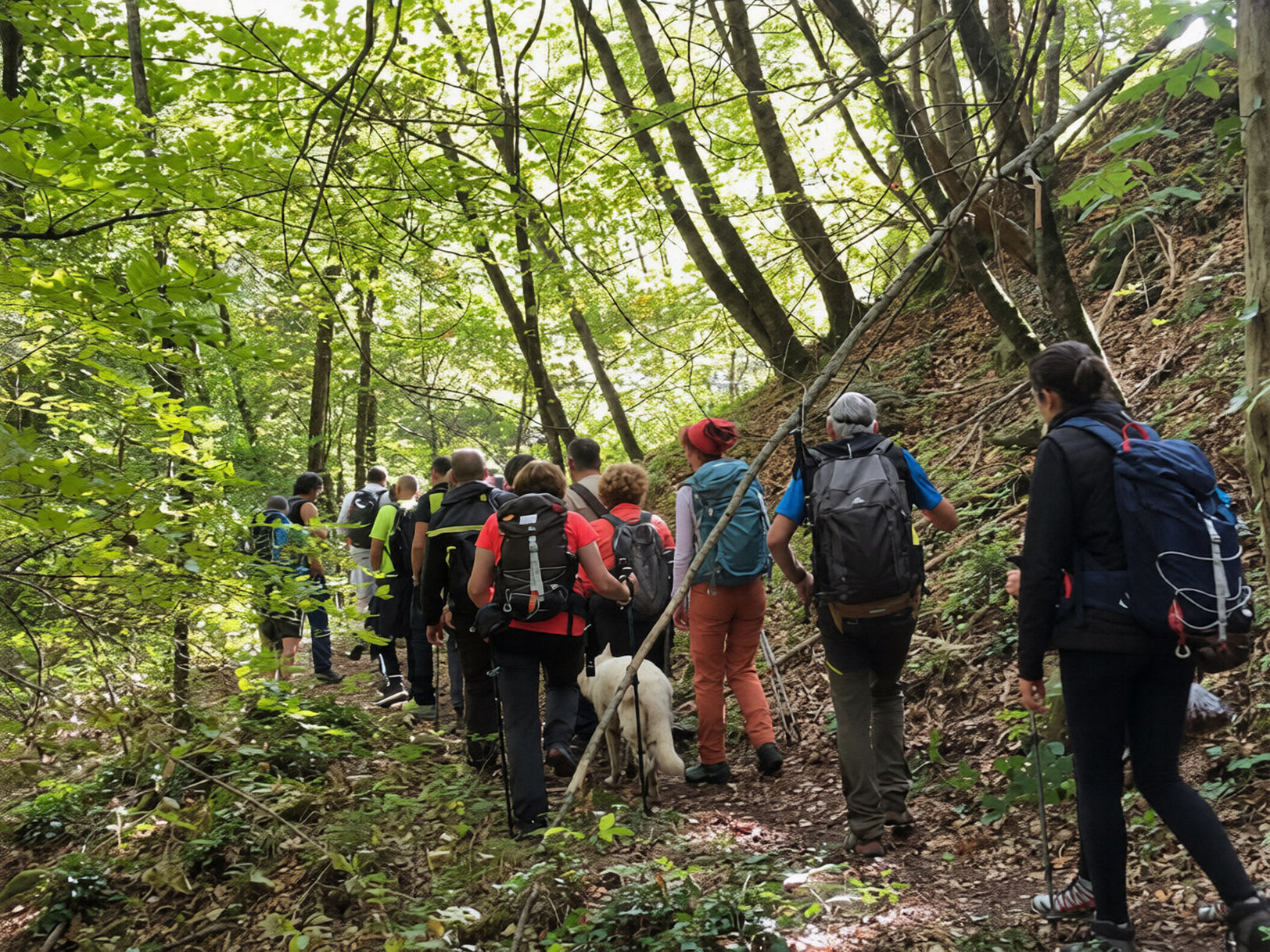 Gruppo di escursionisti con zaini e bastoncini da trekking, accompagnati da un cane, cammina in fila lungo un sentiero nel bosco durante il trekking alle Grotte Gialle a Casale Marittimo
