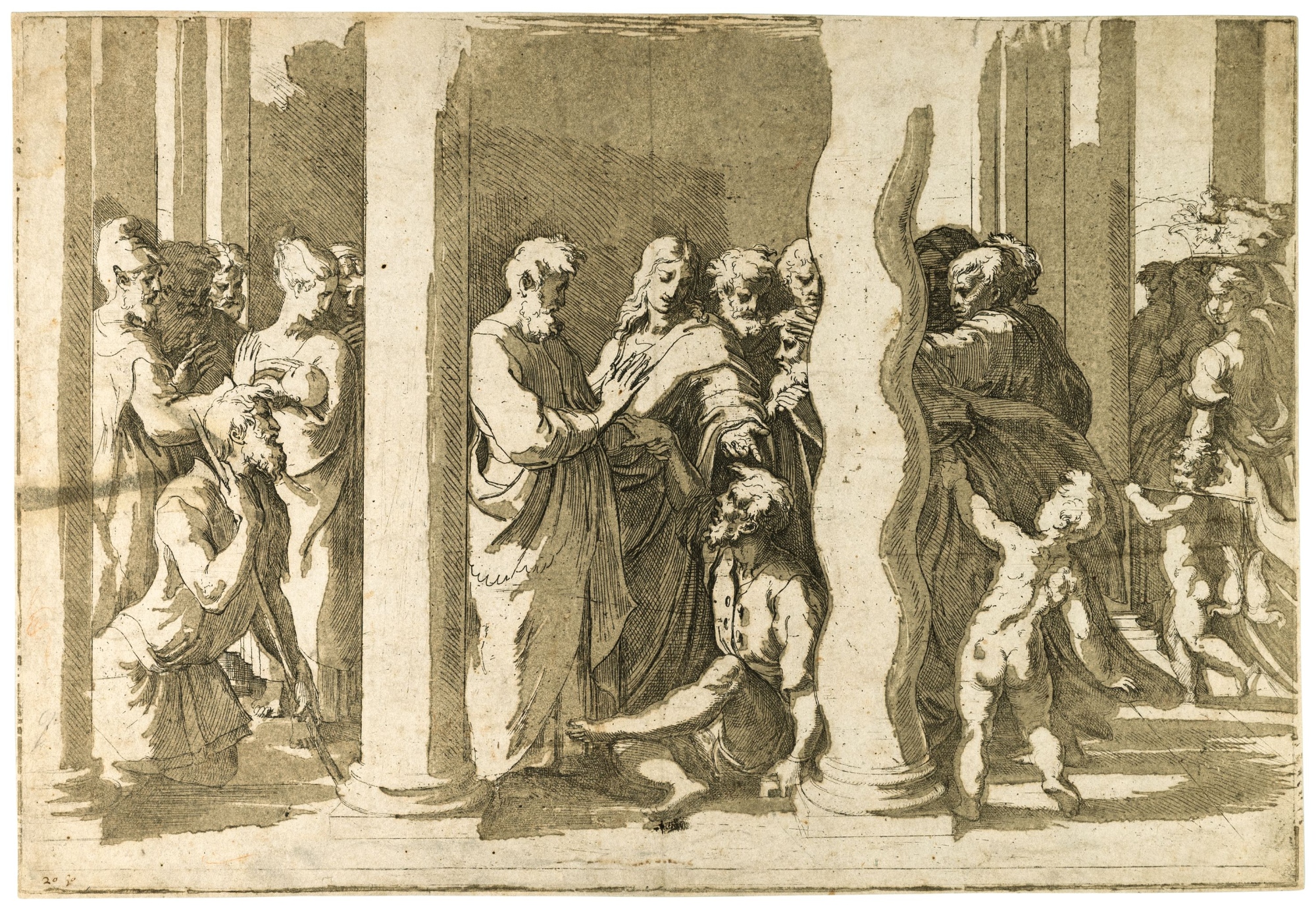 San Pietro e San Giovanni in una incisione manierista con figure disposte tra colonne, raffigurate in diverse scene e pose all