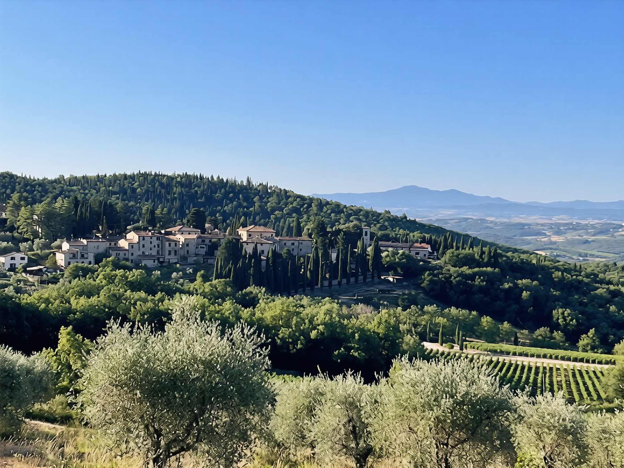 Villa Fonterutoli con architettura in pietra chiara circondata da cipressi ornamentali, vigneti e oliveti nel paesaggio collinare del Chianti, con montagne in sfondo