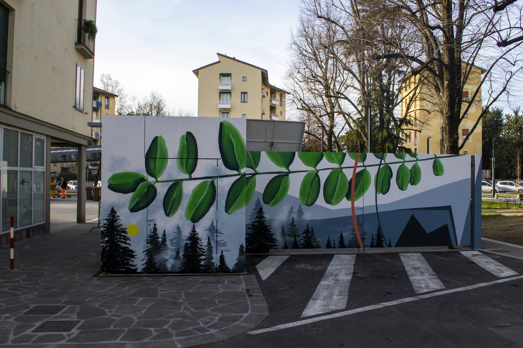 The work depicts blooming flowers and trees on the walls of the public bathhouse in Piazza dell'Isolotto.