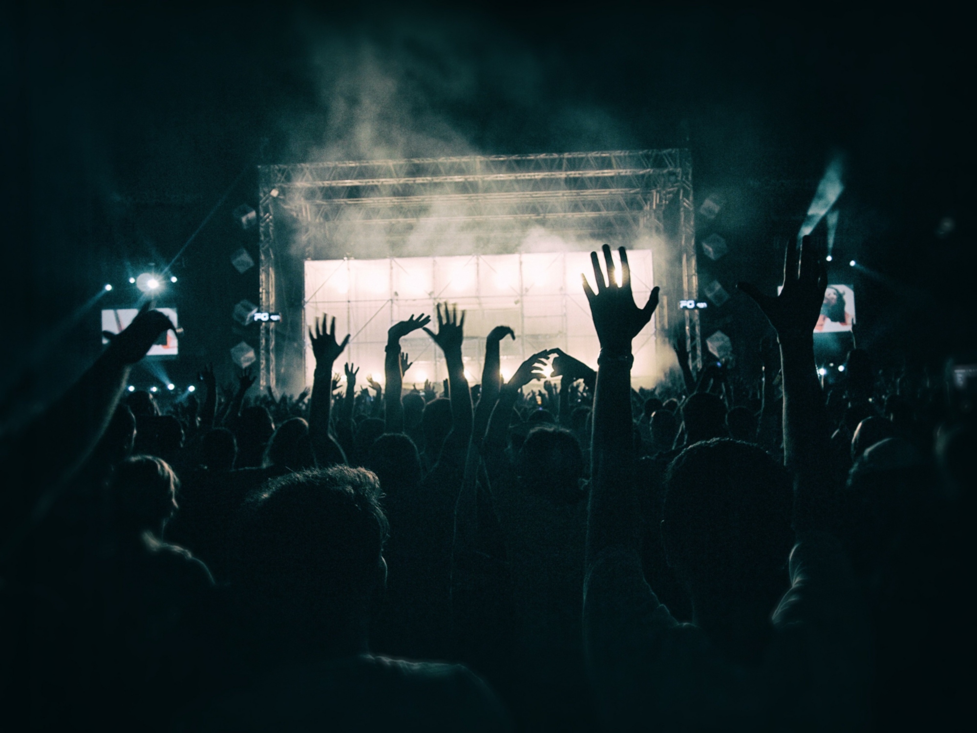 Immagine di un concerto serale con pubblico che balla
