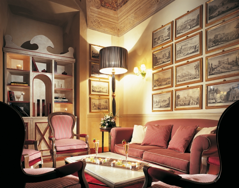 A lit corner of the hall of the Grotta Giusti resort