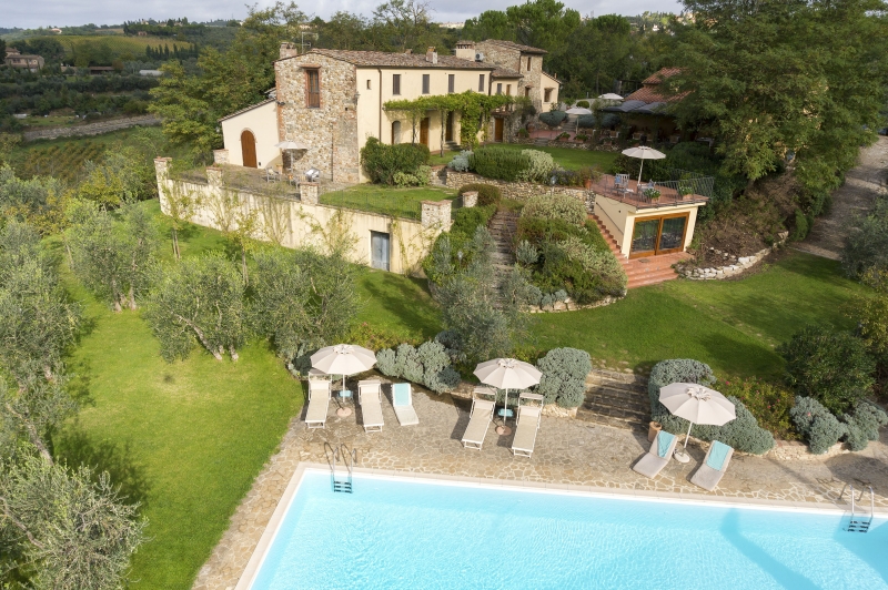 View from above of the Relais Poggio Borgoni, from which you can see the swimming pool