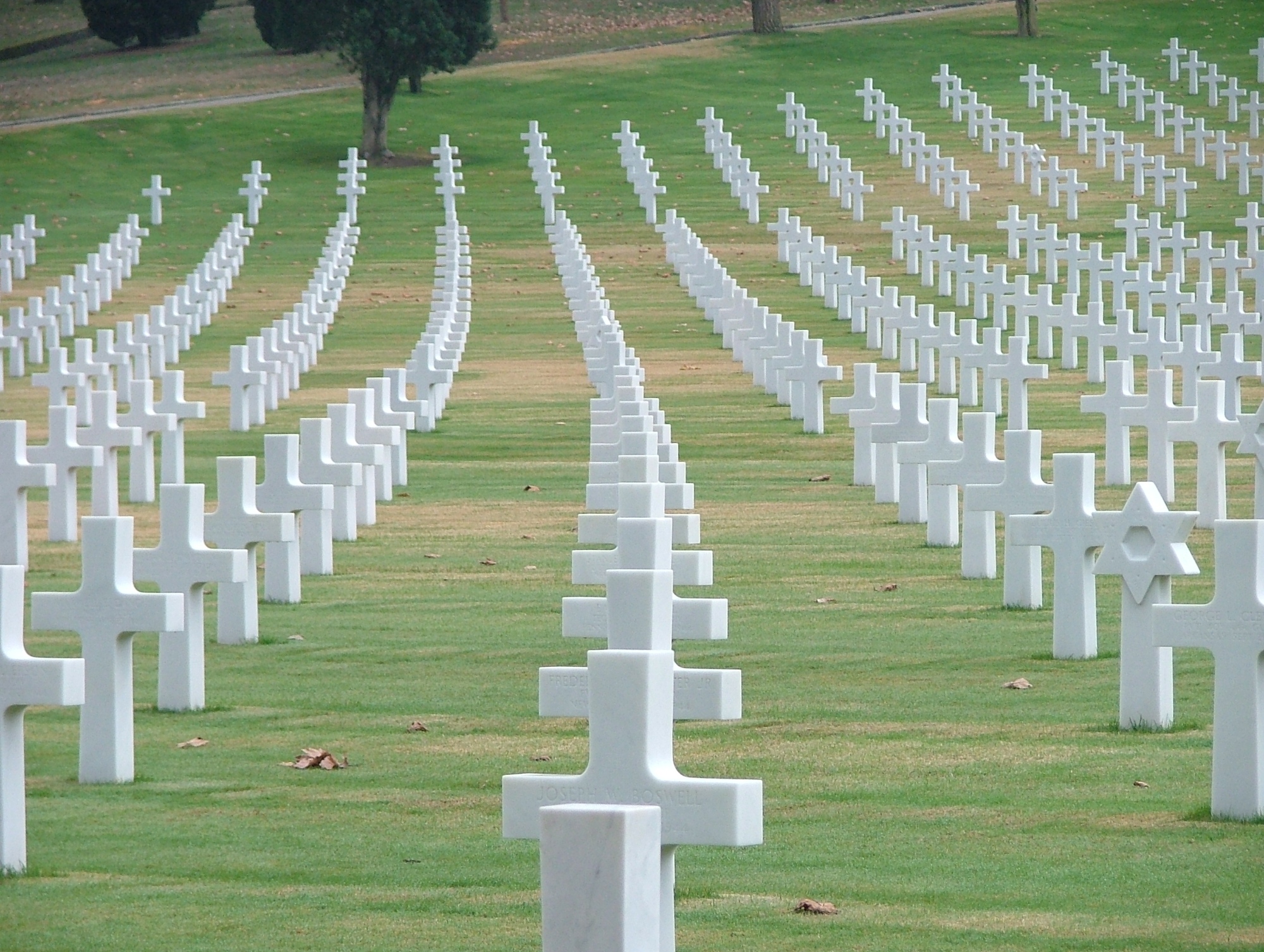 Blick auf den amerikanischen Soldatenfriedhof mit den in Reih und Glied stehenden weißen Marmorkreuzen