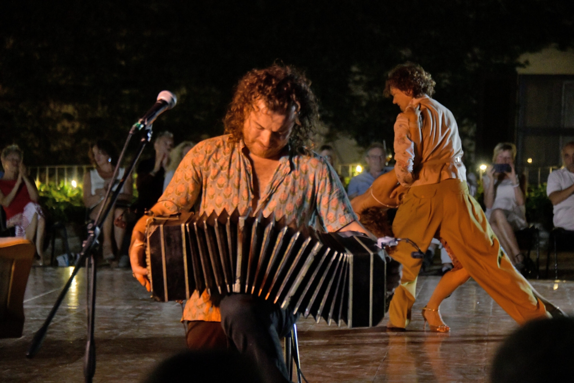 In primo piano un musicista che suona la fisarmonica, sullo sfondo due ballerini