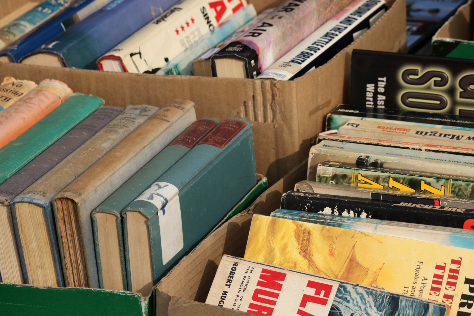 Una bancarella di libri usati in delle scatole di cartone