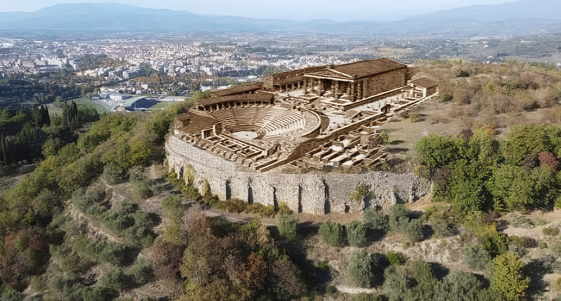 Veduta della ricostruzione del sito archeologico di Castelsecco, importante complesso etrusco sulle colline di Arezzo, protagonista delle Notti dell