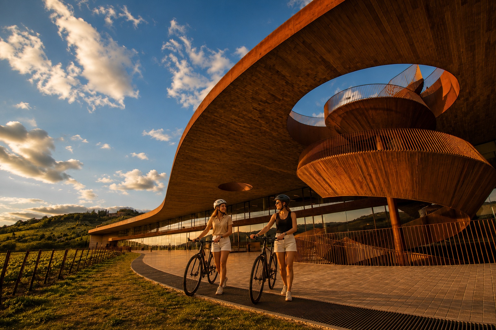 Two cyclists on e-bikes walk at sunset in front of the scenic wooden spiral staircase of the Antinori Winery in Chianti Classico