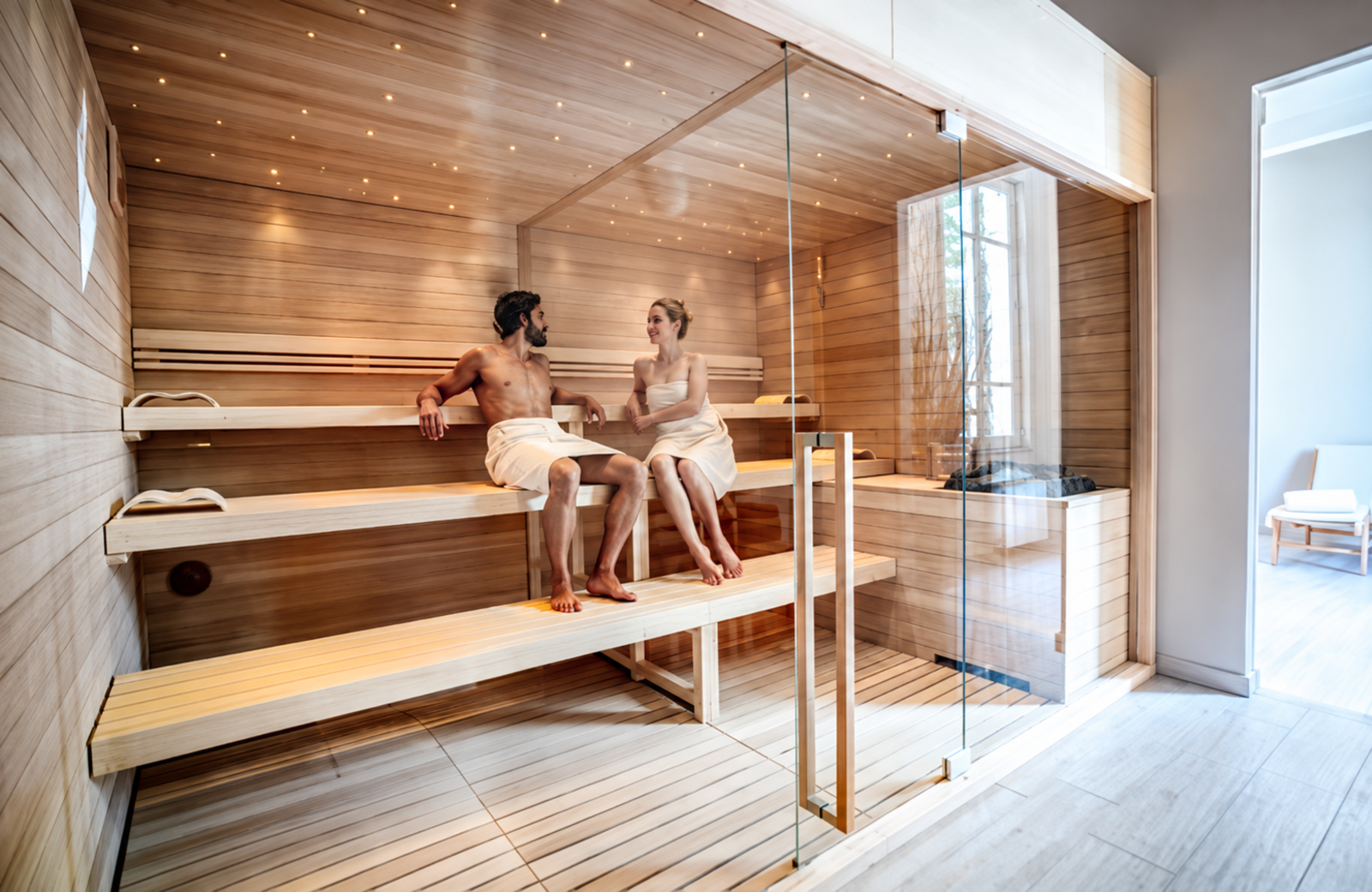 Interno di sauna moderna in legno chiaro con due persone sedute su panche rialzate, illuminazione a incasso sul soffitto e porta in vetro, parte dell'area wellness dell'hotel termale