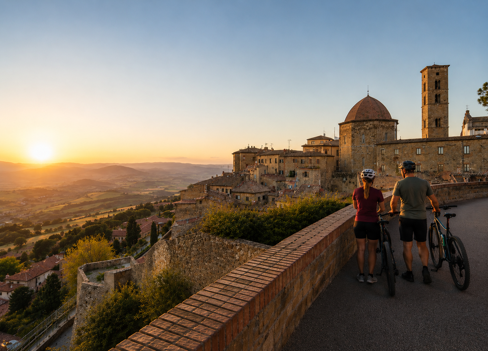Couple of cyclists with e-bikes stopping at the medieval walls of Volterra at sunset, with panoramic views of the Tuscan countryside and the cathedral in the background