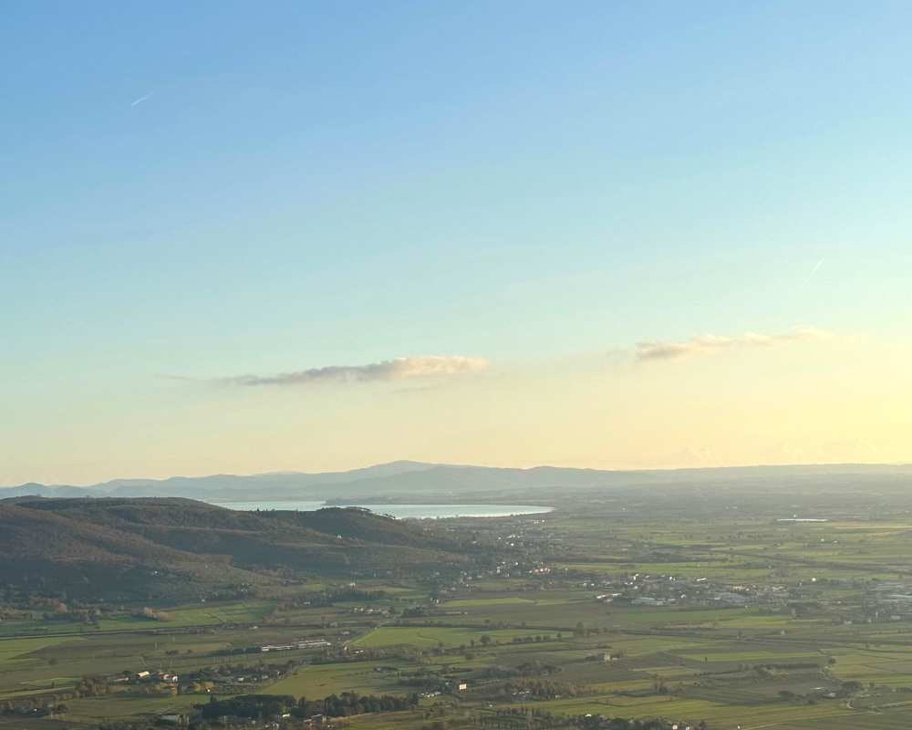 Panorama of the valley and Trasimeno Lake from Cortona