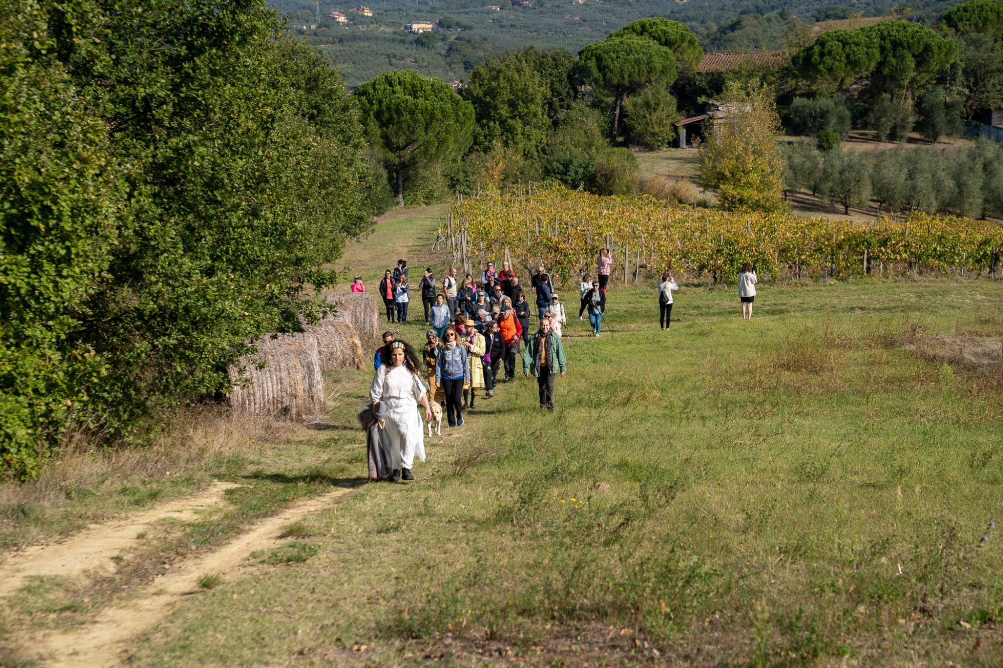 Gruppo di persone in cammino su un sentiero tra prati e vigneti, preceduto da una donna in abito d’epoca, nella campagna di Vinci.