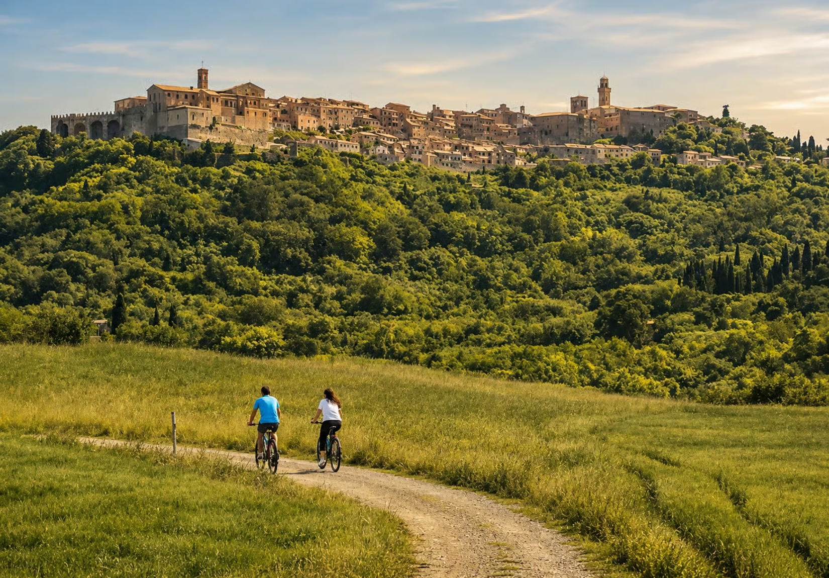 Coppia in bicicletta lungo un sentiero sterrato con vista panoramica su un borgo medievale toscano arroccato in cima alla collina circondato da boschi