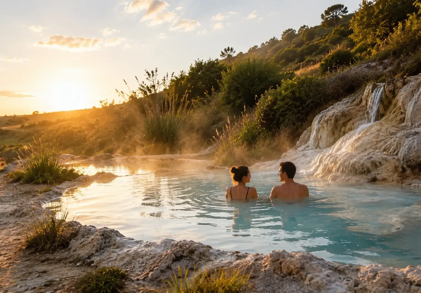 Coppia rilassata in una pozza termale naturale di Bagno Vignoni al tramonto, con cascate di travertino bianco e vapore che si alza dall'acqua turchese nel paesaggio collinare della Val d'Orcia