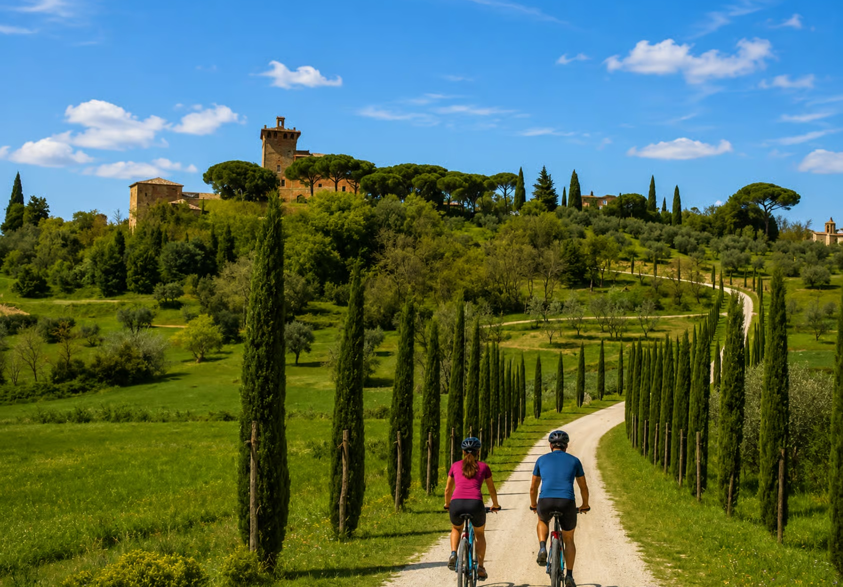 Coppia in bicicletta sul viale dei cipressi in Val d'Orcia