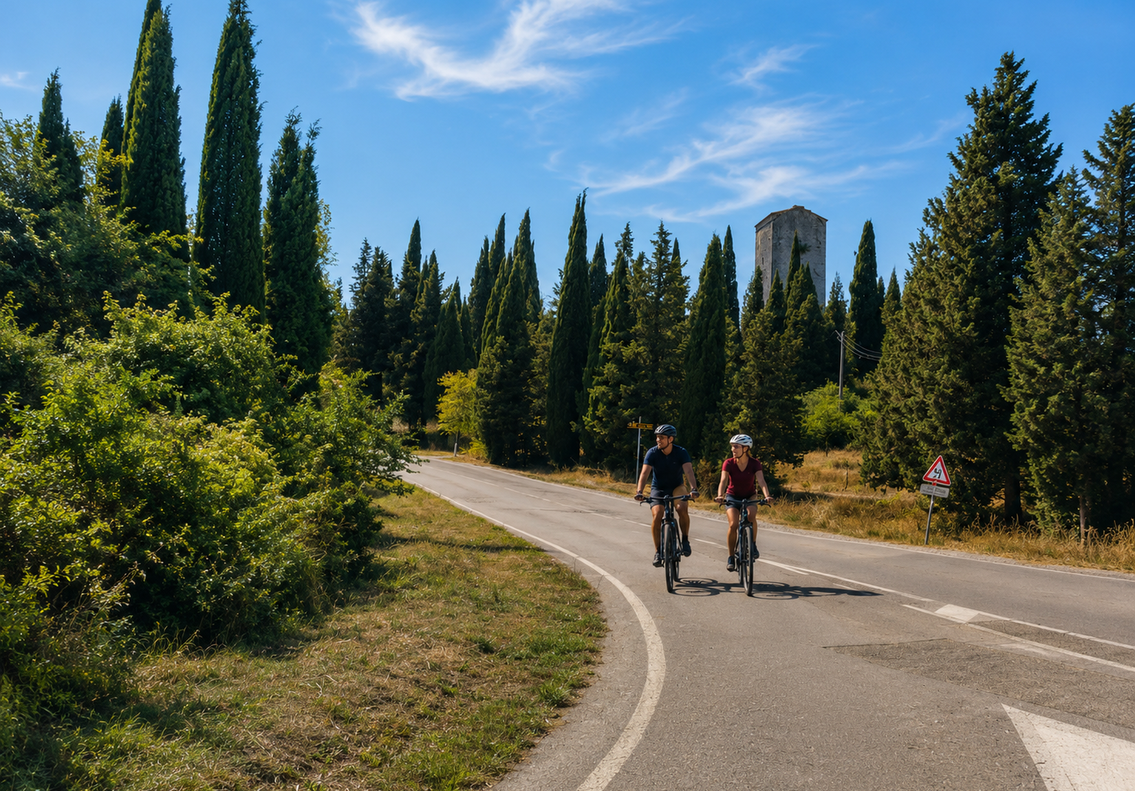 A couple of cyclists wearing helmets ride e-bikes on a paved road lined with Tuscan cypress trees, with an ancient stone tower in the background