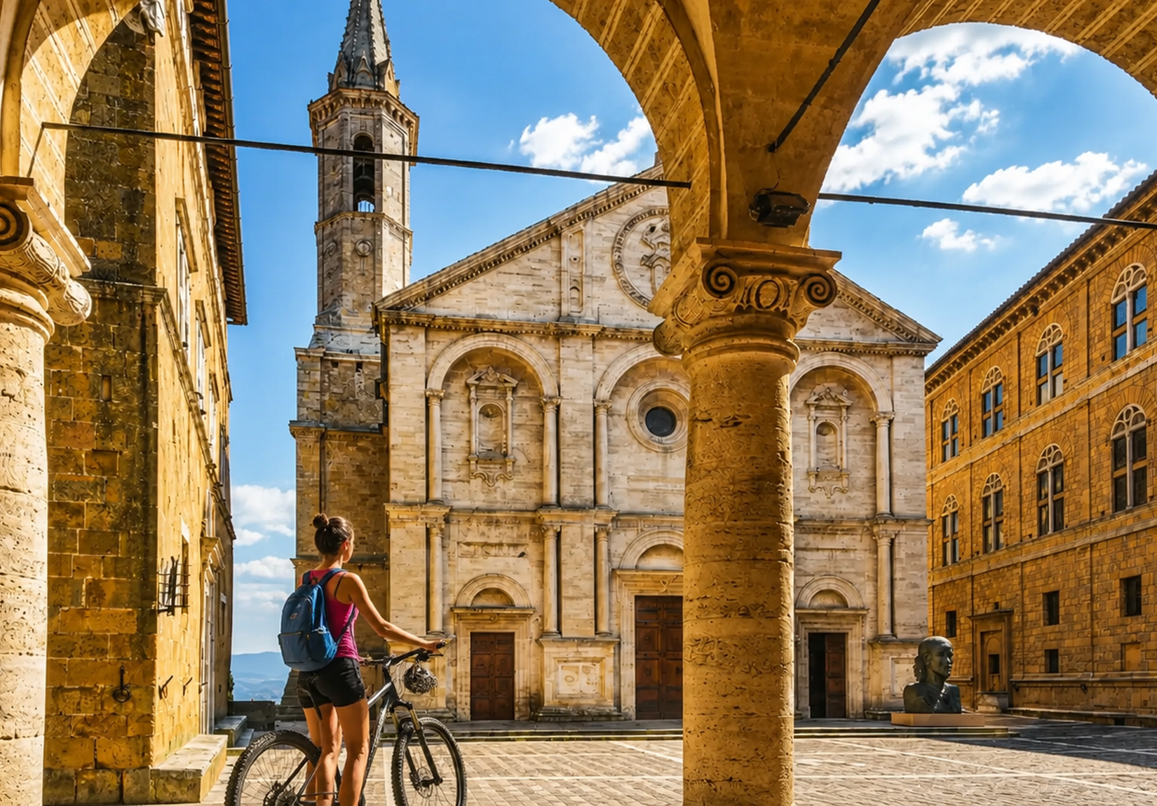 Sosta in bicicletta davanti al Duomo di Pienza