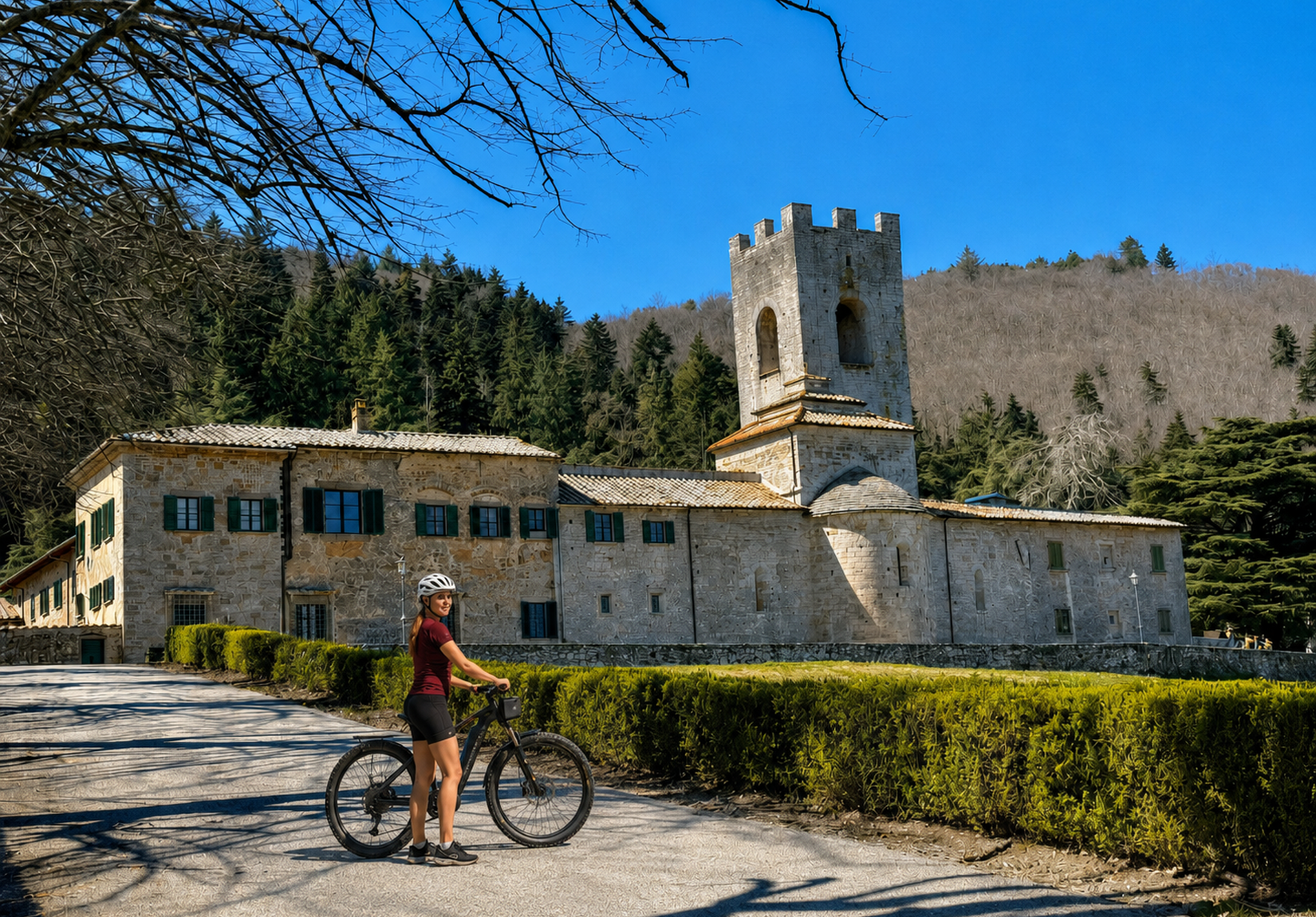 E-bike stop at the Badia a Coltibuono, an ancient 11th-century abbey in Chianti