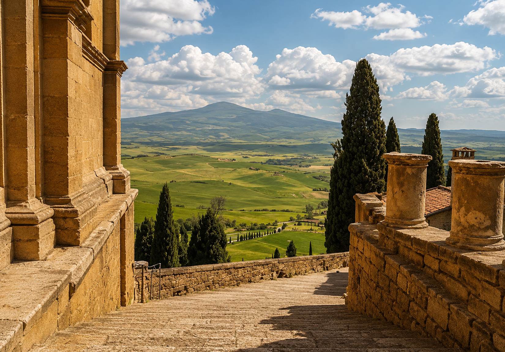 Vista panoramica della Val d'Orcia dalla terrazza di Pienza