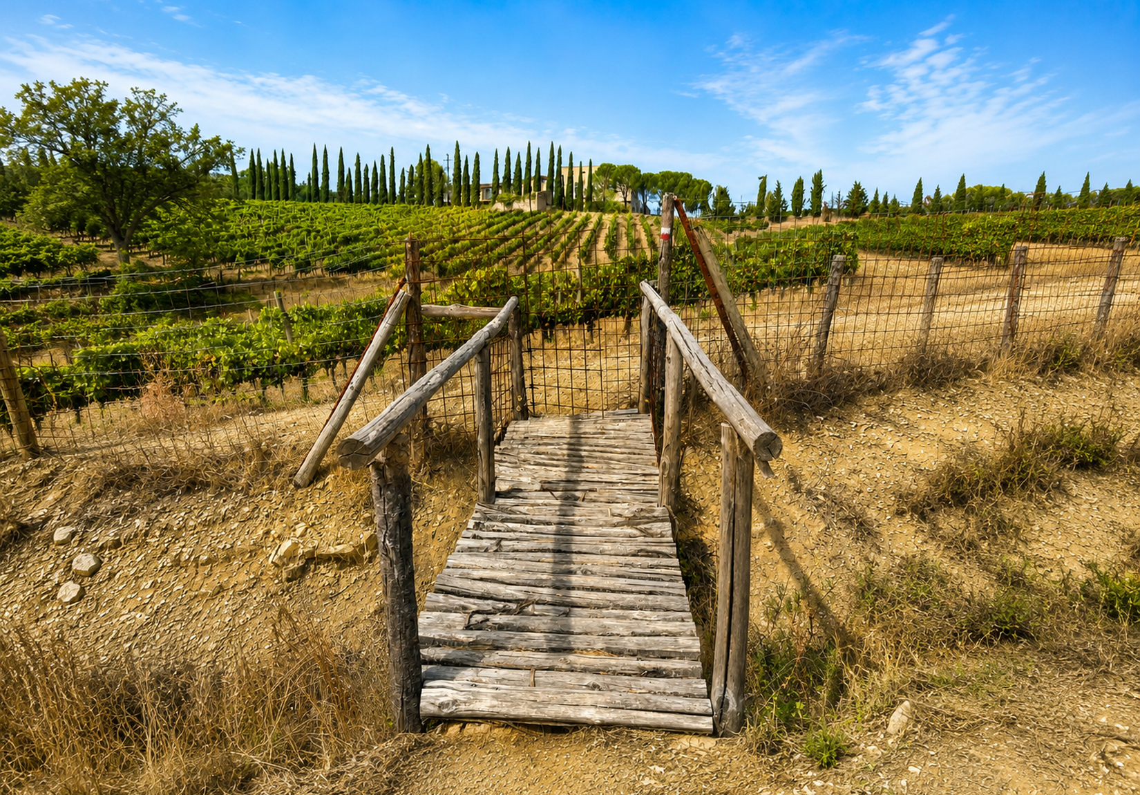 Chianti vineyards and cypresses along the e-bike route to Cetamura