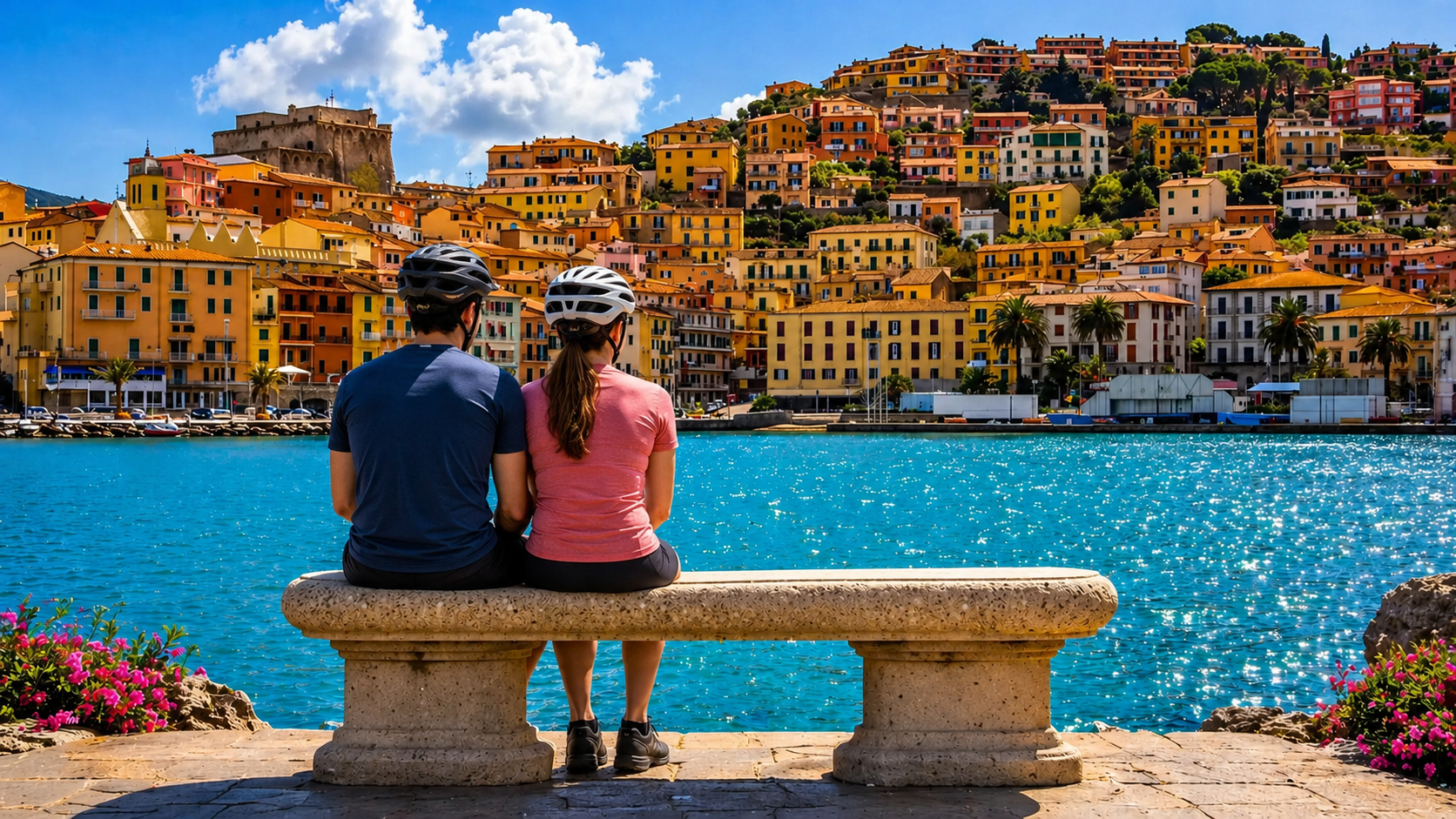 A couple of cyclists wearing helmets sit on a stone bench admiring the colorful village of Porto Santo Stefano overlooking the sea