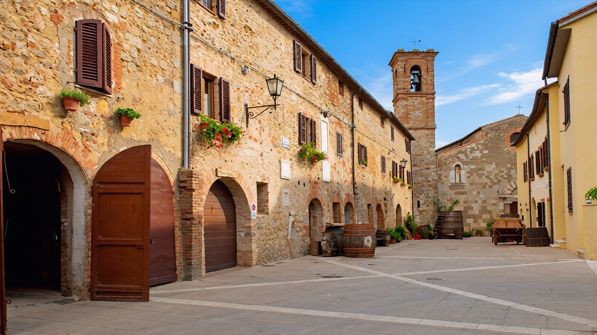 Piazza del borgo medievale di Mensano con edifici storici in pietra e laterizio, archeggiature in mattoni, archi gotici, campanile sullo sfondo, vasetti di fiori rossi alle finestre, selciato in cotto