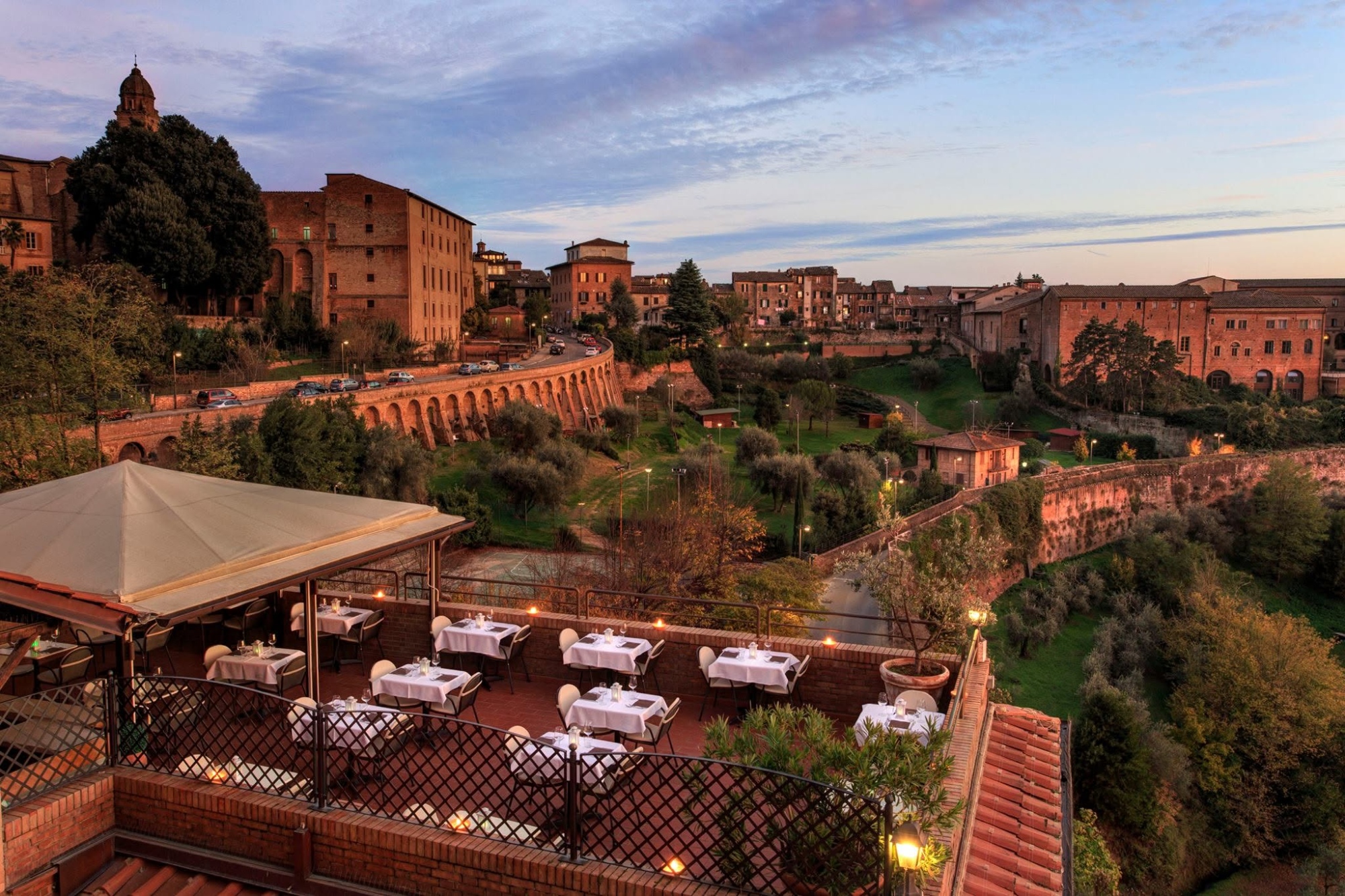 View from the Hotel Athena in Siena, overlooking the terrace and the city walls