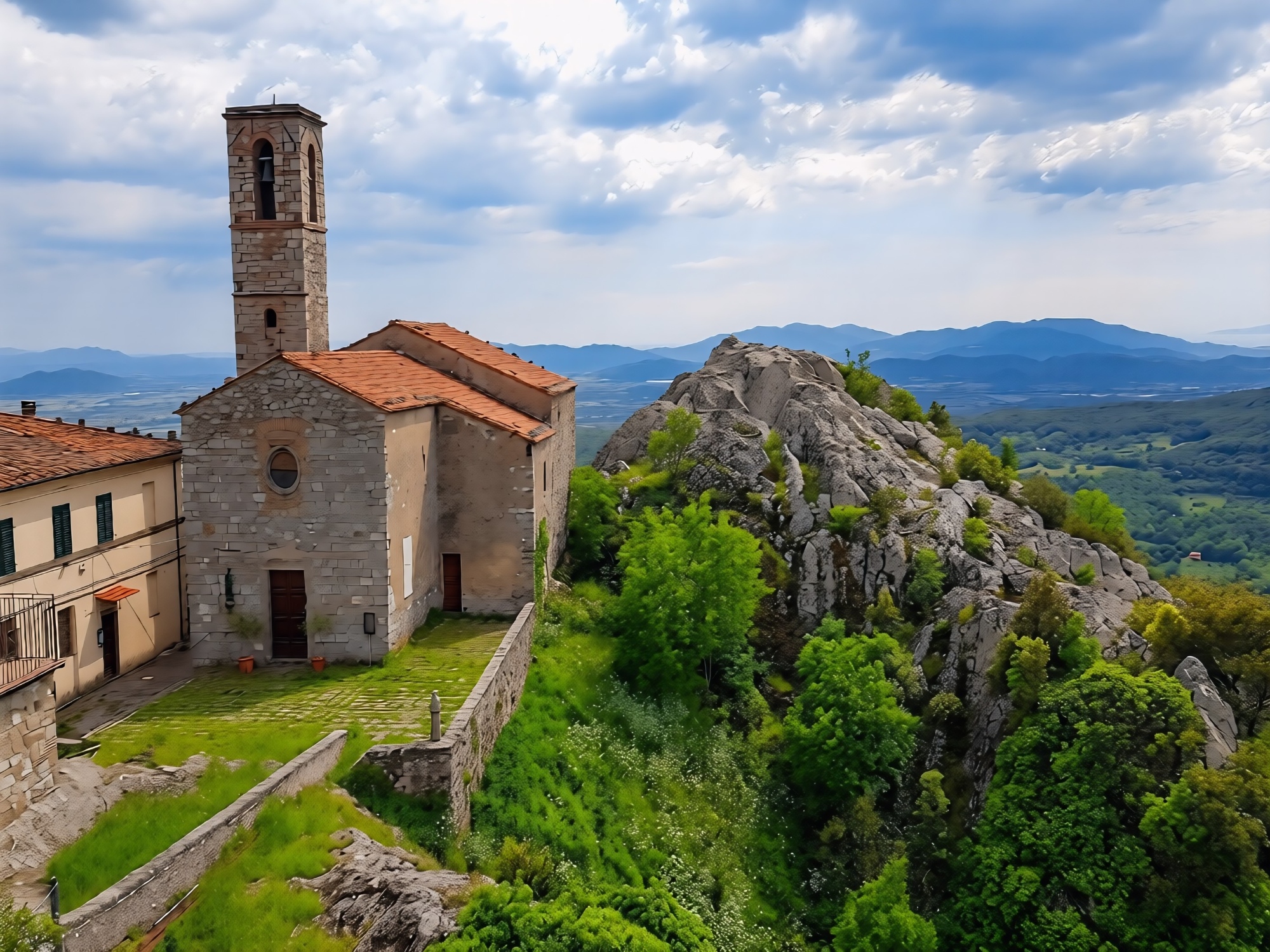 Paesaggio con chiesa  rocce