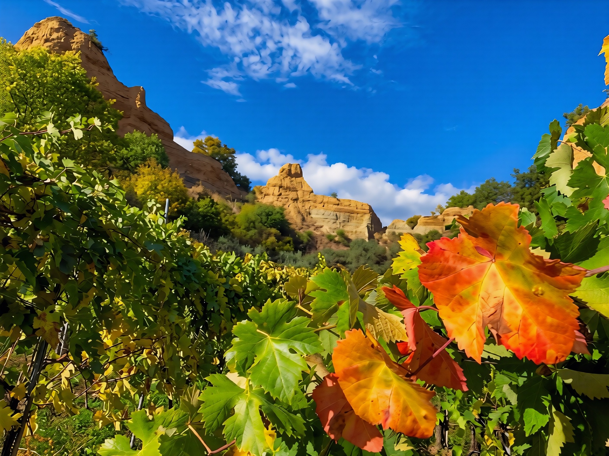 Foglie di vite verdi, gialle e rosse in primo piano in un vigneto ai piedi delle pareti di argilla ocra delle Balze di Reggello, sotto un cielo azzurro con nuvole bianche