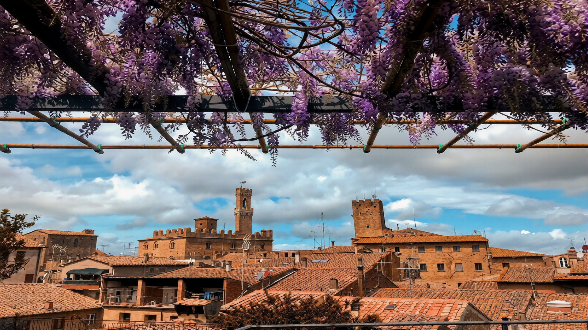 Panorama dei tetti in cotto e delle torri medievali di Volterra visto attraverso un pergolato di glicine in fiore con grappoli viola, sotto un cielo azzurro con nuvole sparse