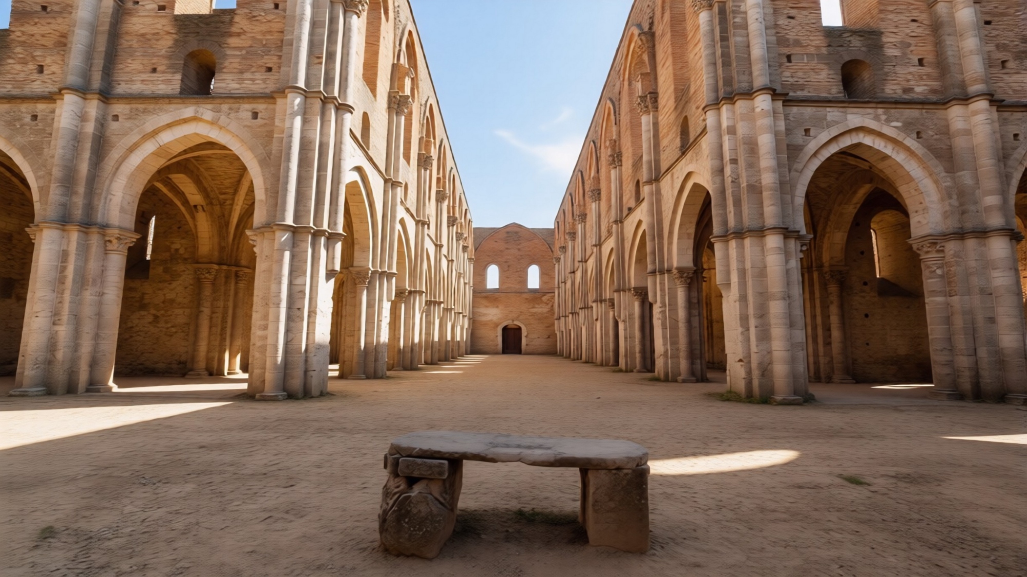 Interno della navata dell'Abbazia di San Galgano a cielo aperto, con due file di archi gotici in pietra chiara, colonne e un altare in pietra al centro, illuminati dalla luce naturale del sole