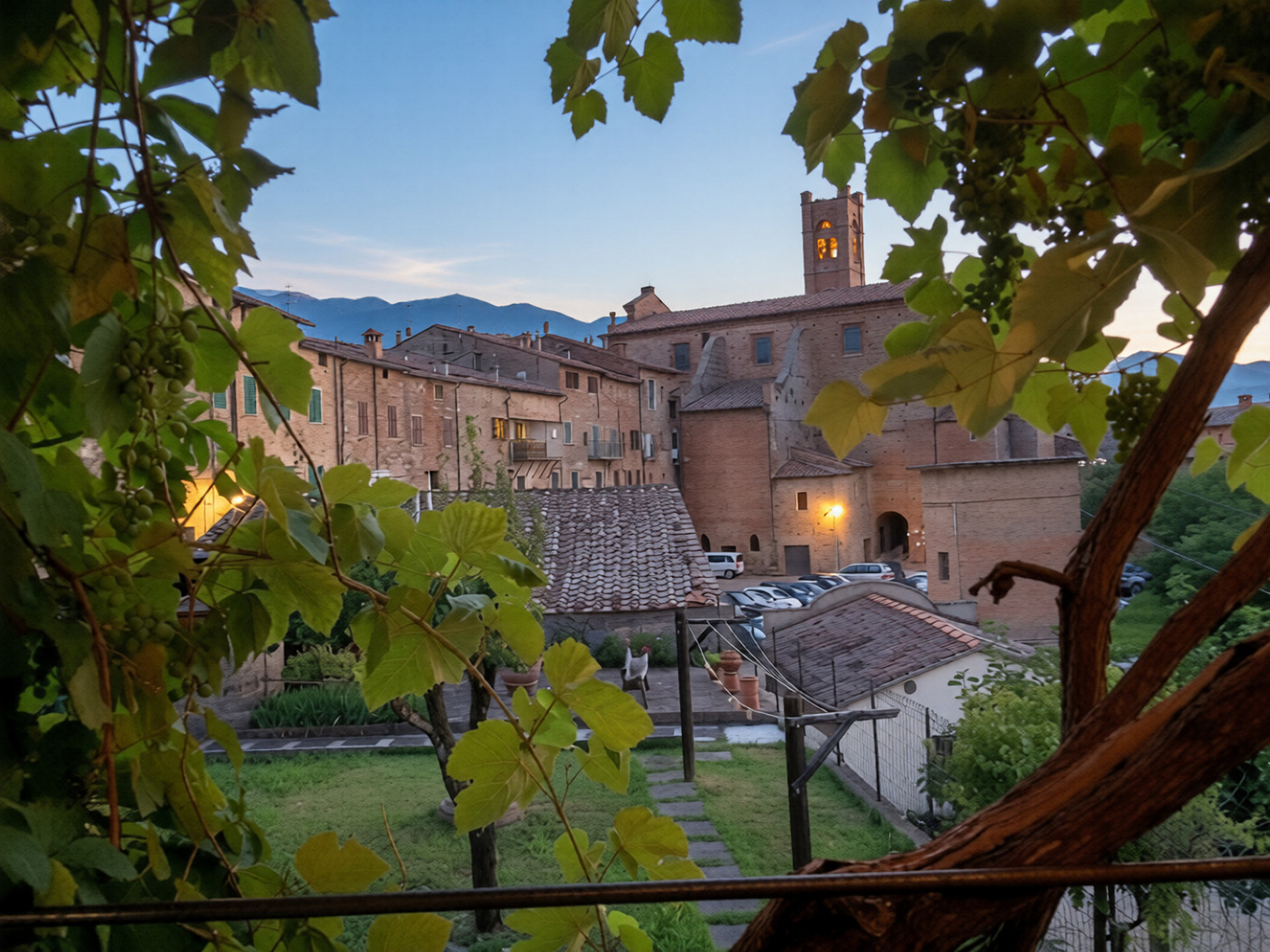 Il borgo di Radicondoli al tramonto visto tra i vigneti
