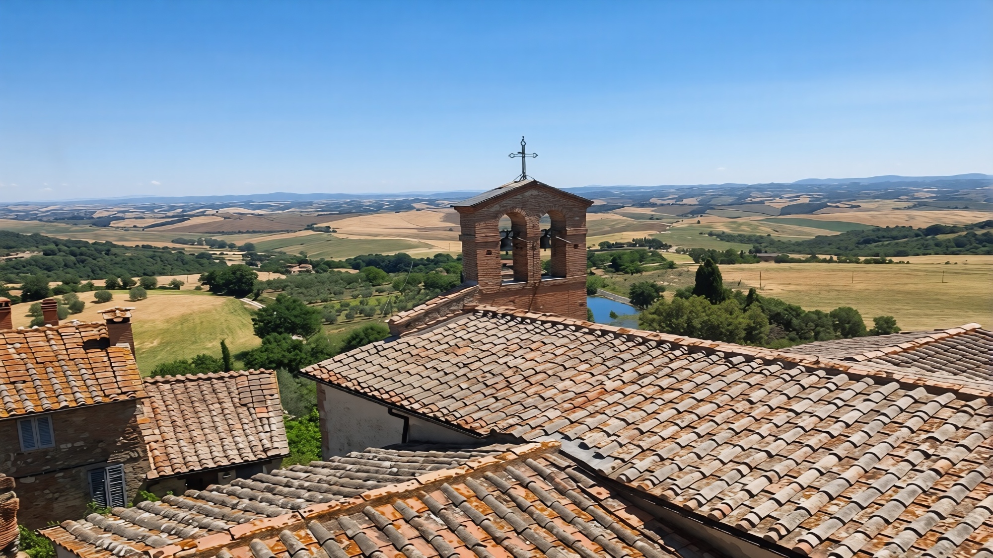 Panorama del paesaggio di Murlo con campanile della chiesa, tetti in terracotta e ampi campi agricoli toscani sotto cielo sereno