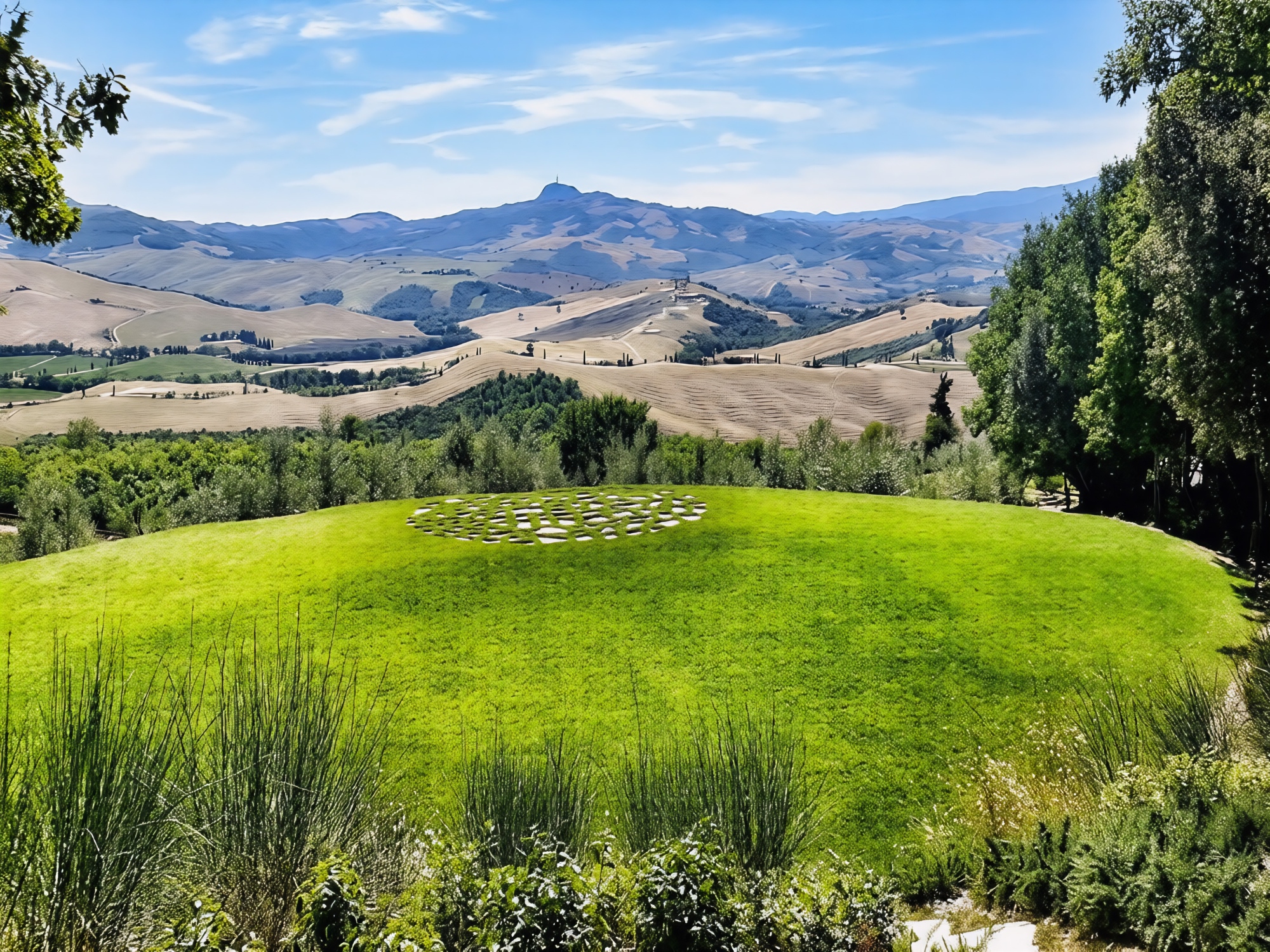 Prato verde con installazione artistica in pietra a spirale e vista panoramica sulle colline ondulate della Val di Chiana senese nei pressi di Sarteano