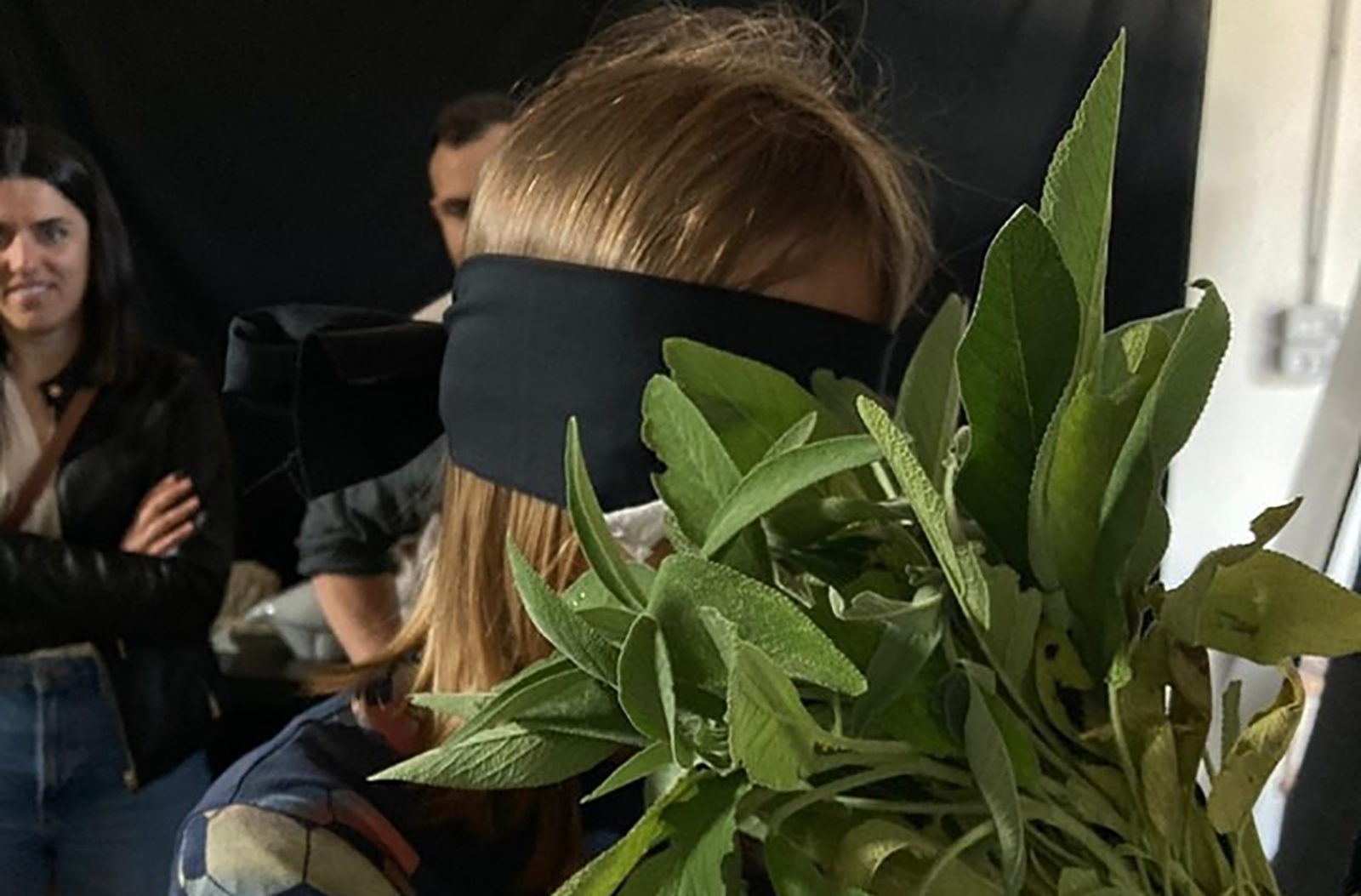 Una bambina con gli occhi coperti annusa una pianta