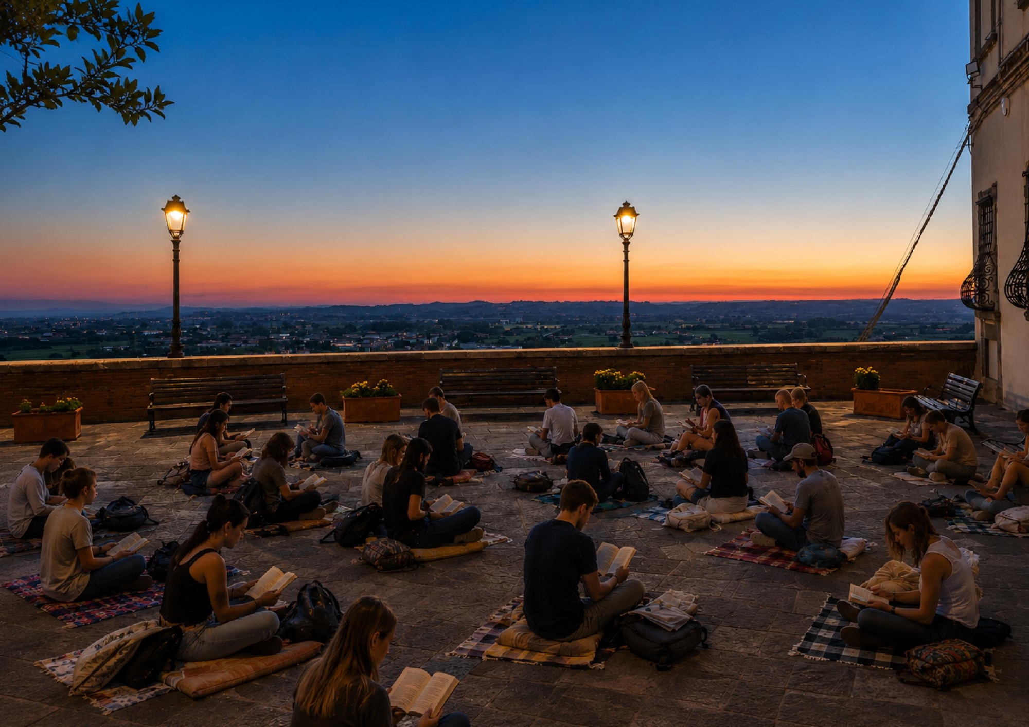Il silent reading in Piazza della Chiesa al tramonto