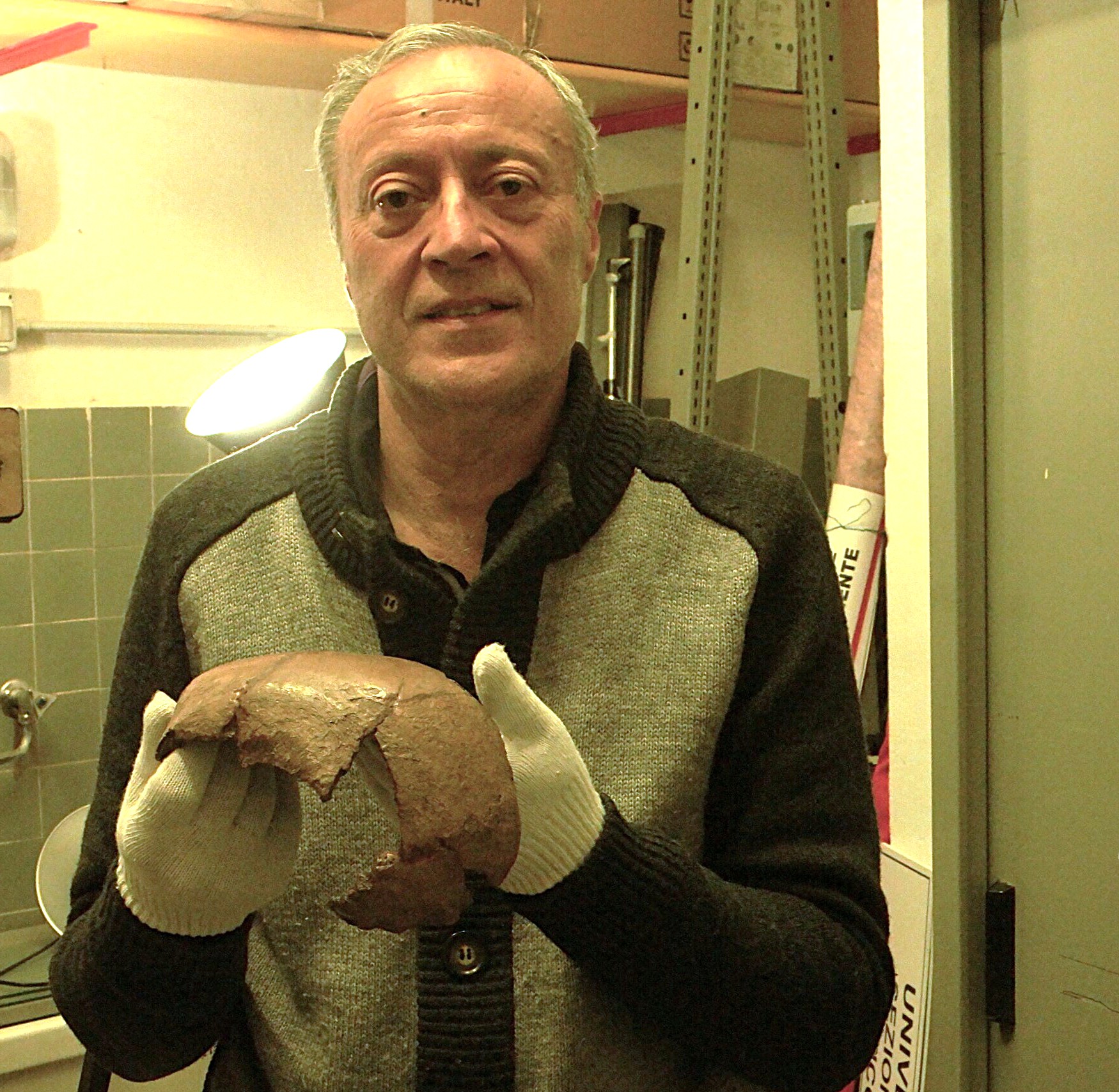 Uomo con guanti protettivi mostra un reperto archeologico in terracotta