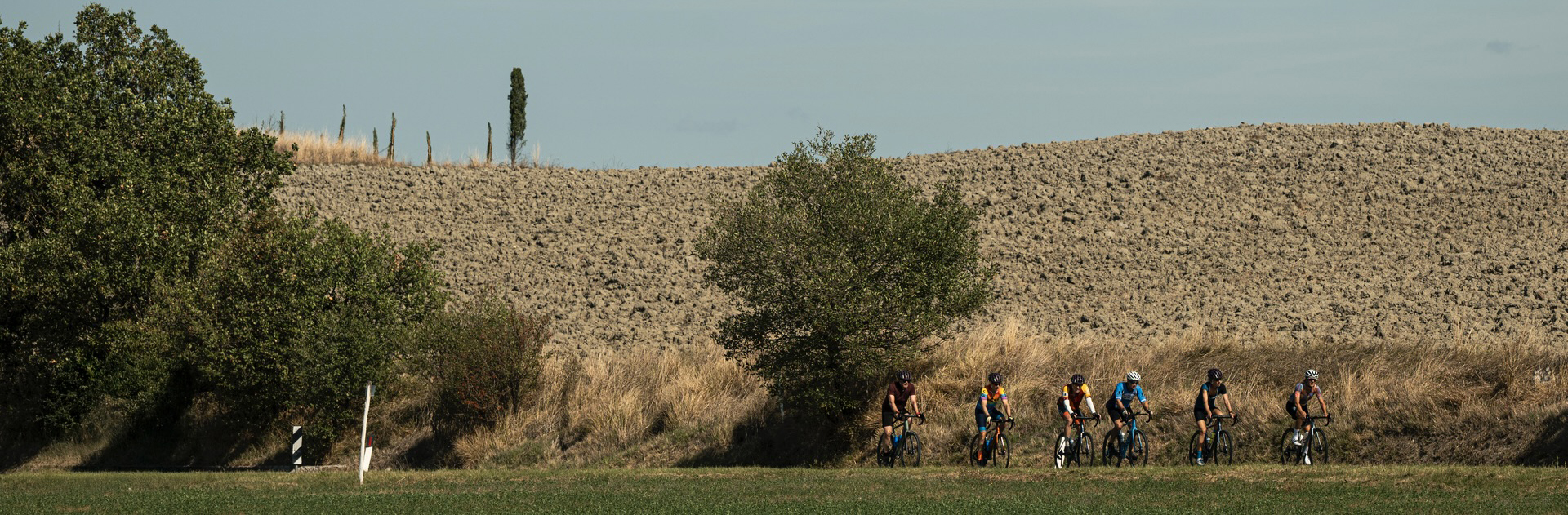 Group of cyclists riding through the brown hills of Tuscany in September.