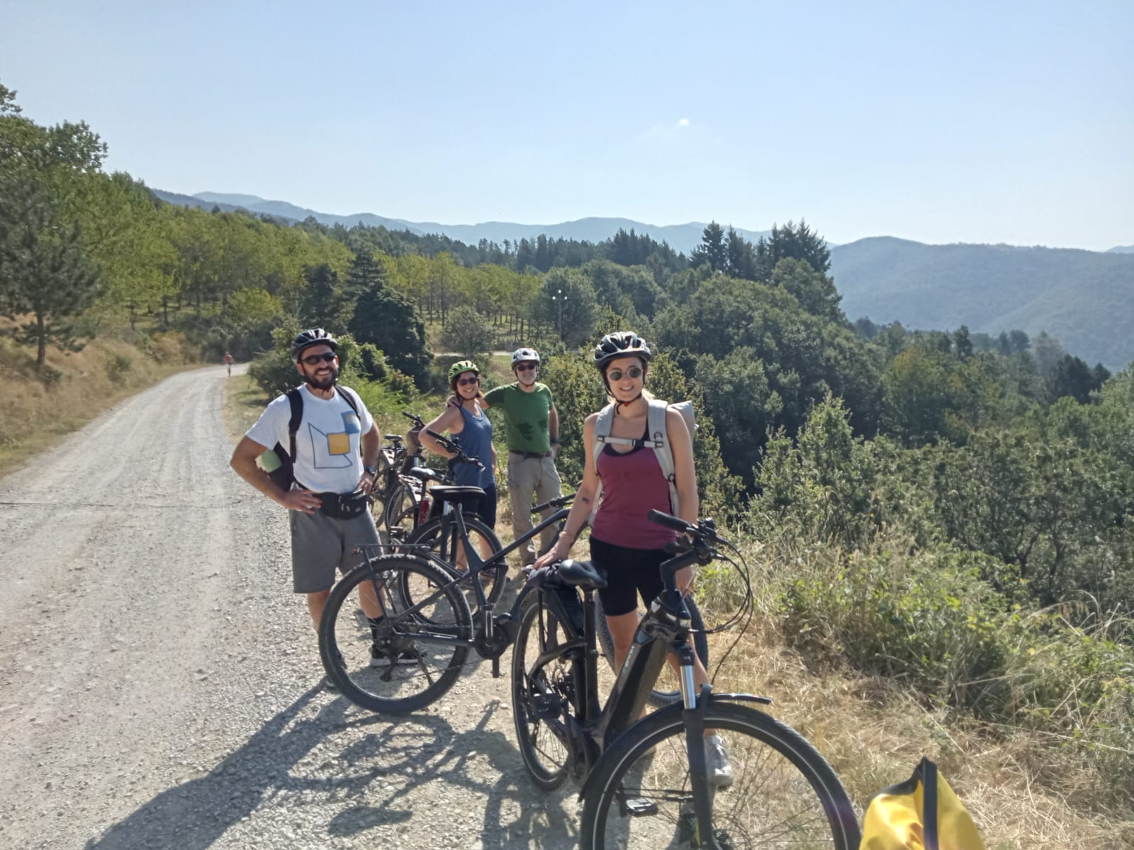 Quattro ciclisti con caschi e e-bike in posa su una strada sterrata di montagna immersa nel verde, con vista panoramica sulle colline boscose del Parco Nazionale delle Foreste Casentinesi sullo sfondo