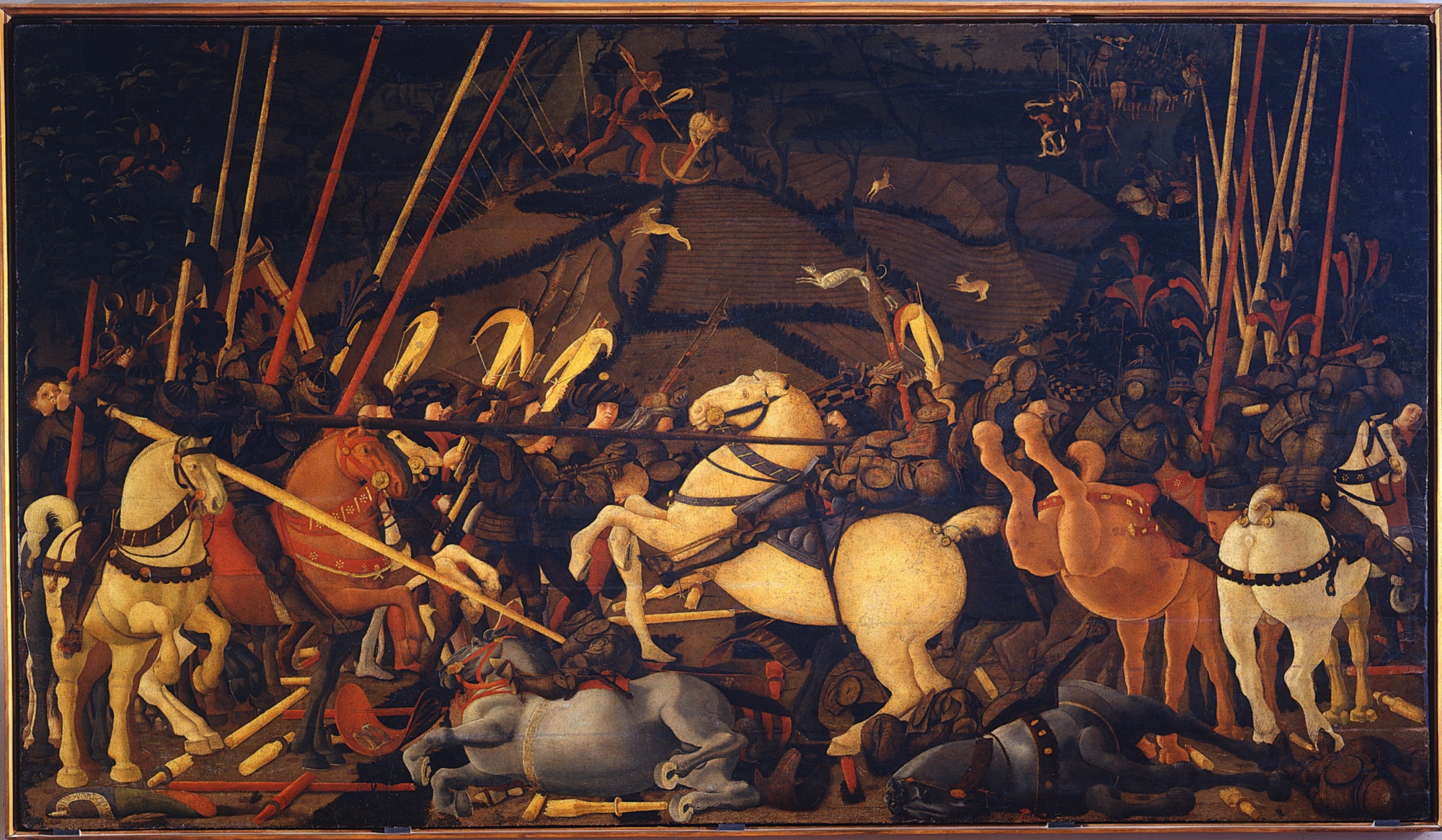 Immagine della Battaglia di San Romano di Paolo Uccello in cui si vedono cavalli e cavalieri, esposta agli Uffizi