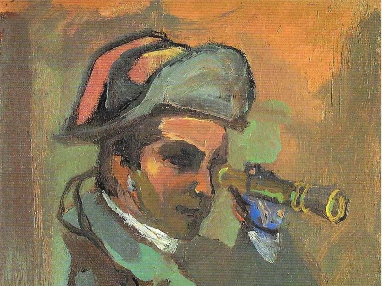 Dipinto di figura maschile con cappello, ritratta di profilo mentre osserva attraverso un binocolo