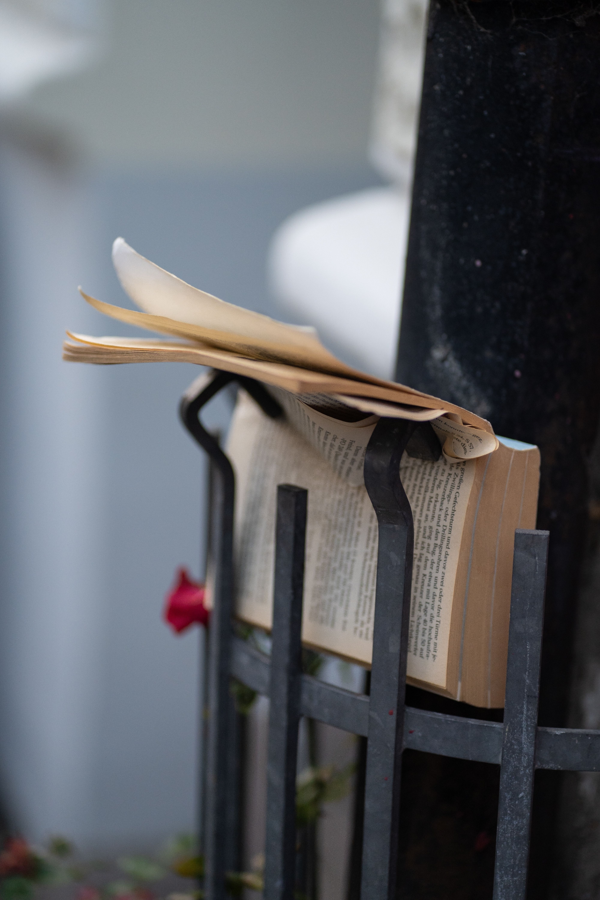 Un libro aperto appoggiato su una recinzione in ferro all