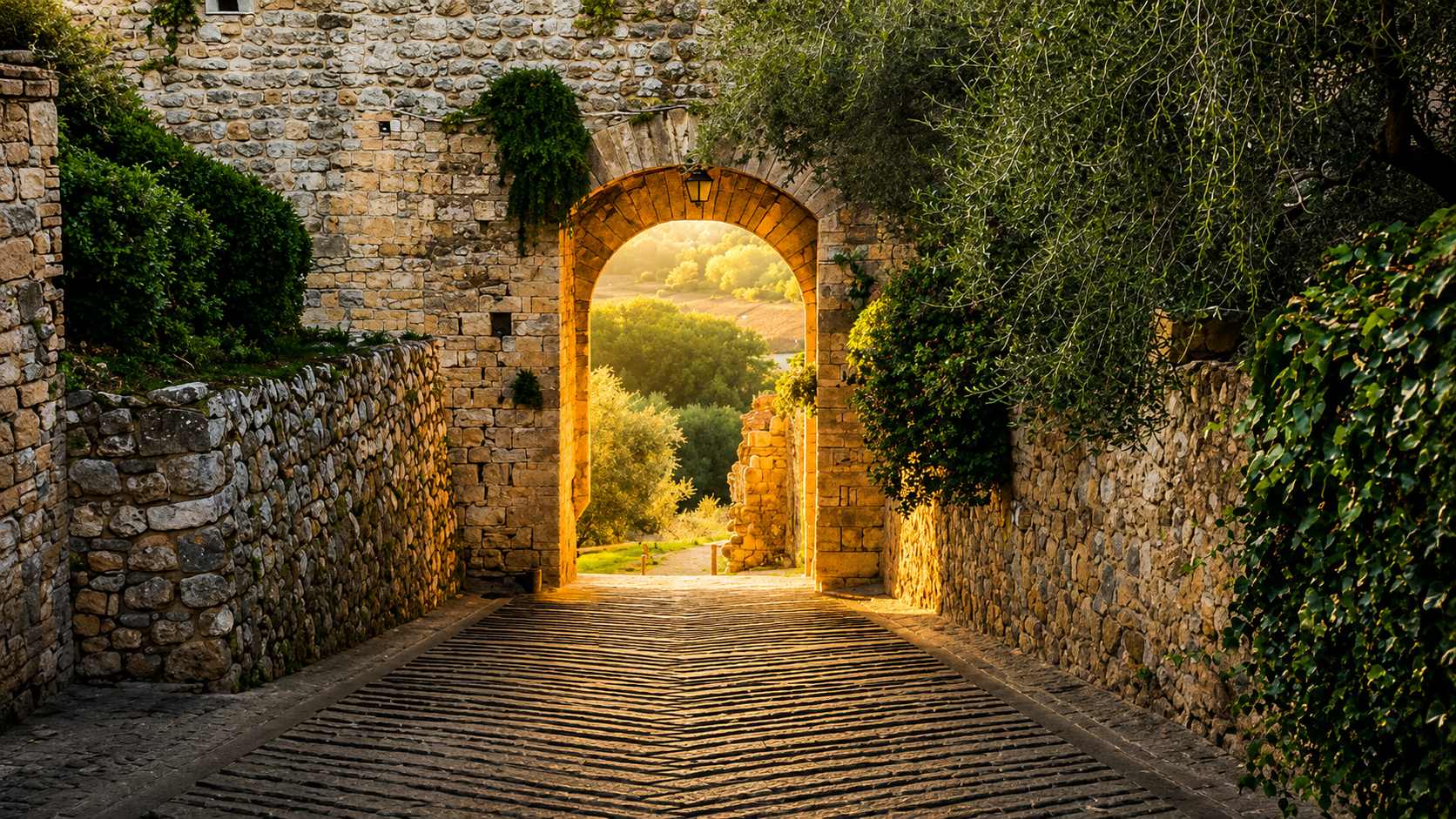 Porta medievale in pietra all'ingresso di un borgo toscano lungo l'itinerario e-bike